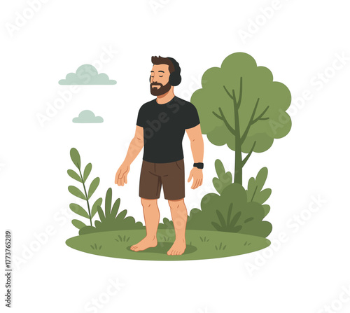 biohacker doing grounding barefoot nature for inflammation reduction flat vector illustration style isolated on white background