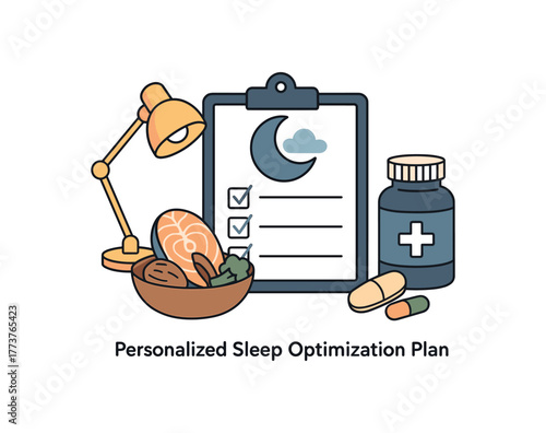 personalized sleep optimization plan combining light nutrition and supplements flat vector illustration style isolated on white background