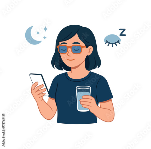 blue light blocking glasses evening routine supporting melatonin and recovery flat vector illustration style isolated on white background