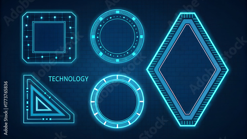 Digital neon HUD frames in futuristic geometric forms. Bright lightning portals with text. Game UX design elements. Futuristic technology cyberpunk set. Hexagon frame, circle HUD, square, and triangle