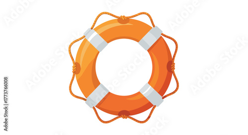 A bright orange life preserver ring with white stripes and rope netting is ready for action.
