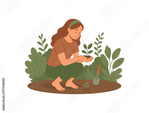 gardening barefoot the backyard grounding slow living connection with nature flat vector illustration style isolated on white background