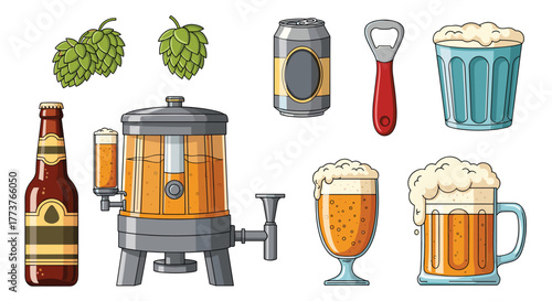 A delightful collection of various beer-related items including hops bottles cans and glasses.