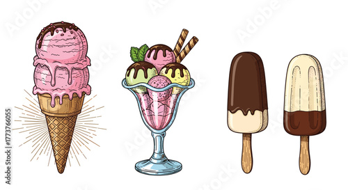 A delicious variety of frozen treats including ice cream cones sundaes and chocolate-dipped popsicles perfect for a hot summer day.
