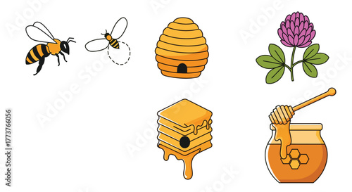 Illustrations of bees and honey related items perfect for educational and design projects.
