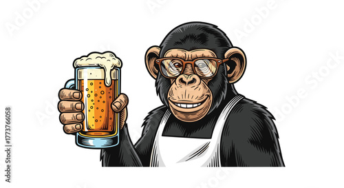 A chimpanzee wearing glasses and an apron raises a glass of foamy beer in a celebratory toast.