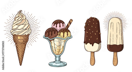 A delightful assortment of frozen treats showcasing creamy ice cream in cones sundaes and bars.