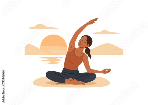 sunrise yoga flow intentional movement and mindful breath morning ritual flat vector illustration style isolated on white background