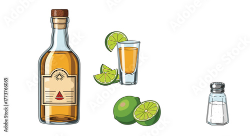 A classic tequila shot with lime wedges and a salt shaker to prepare for a refreshing drink.