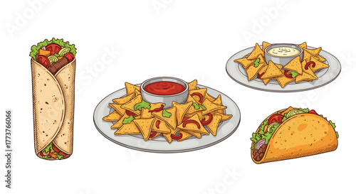 A delicious assortment of popular Mexican food items including a savory burrito spicy nachos with salsa and a classic taco.