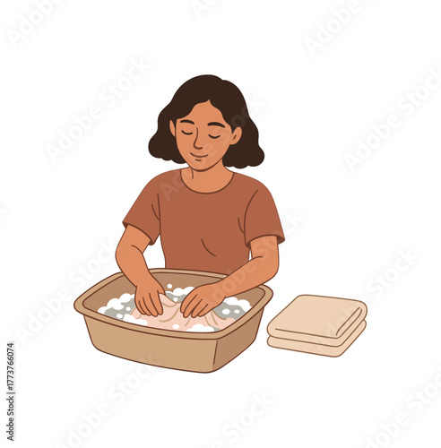 hand washing delicate fabrics calm household ritual and mindful domesticity flat vector illustration style isolated on white background