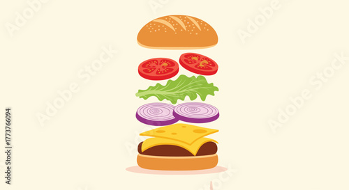A delicious hamburger with all the fixings stacked high on a white background.