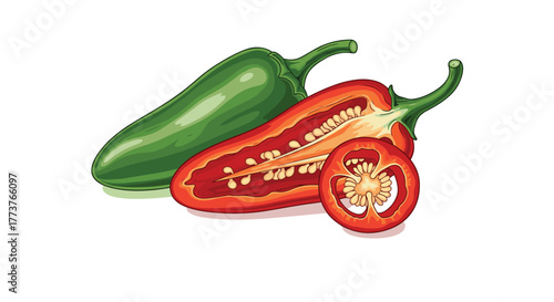 A vibrant cross section reveals the spicy seeds and flesh of a ripe red chili pepper next to a fresh green jalapeno.