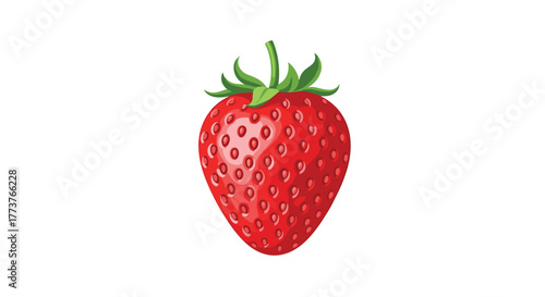A vibrant red strawberry with a green stem stands out against a pure white background showcasing its texture and freshness.