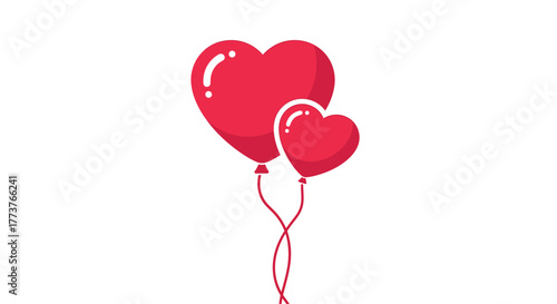 Two red heart shaped balloons floating gracefully in the air attached by thin red strings.