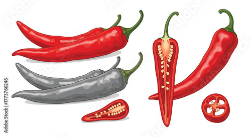 A collection of vibrant red and grey chili peppers in various forms showing whole and sliced vegetables with seeds visible.