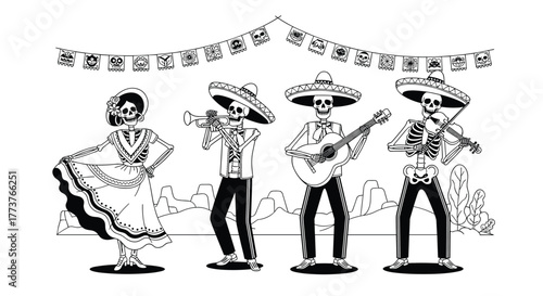 Celebrate the vibrant spirit of the Day of the Dead with a lively mariachi band and festive decorations creating an unforgettable cultural experience.