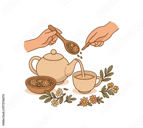 herbal infusion ritual brewing calming tea with dried flowers and herbs flat vector illustration style isolated on white background