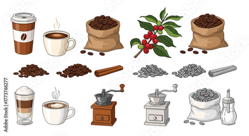 A collection of illustrations depicting various coffee-related items including bags of beans cups of coffee and grinders.