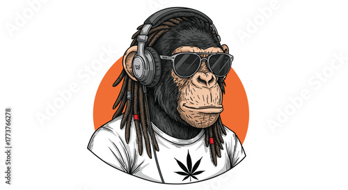 A stylish chimpanzee with dreadlocks sunglasses and headphones is wearing a t-shirt with a marijuana leaf emblem.