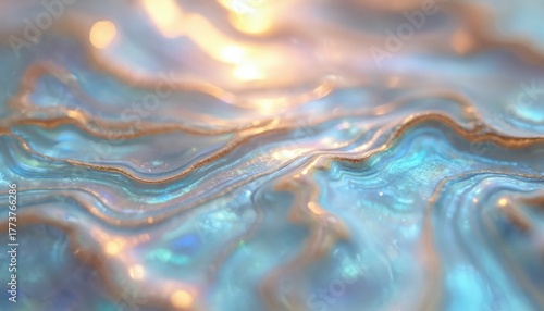 Macro shot of iridescent abalone shell with wavy blue and gold patterns. Shiny surface reflects light with organic textures and vibrant colors, creating a unique abstract background.