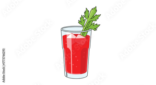 A tall glass filled with a bright red beverage and ice garnished with a sprig of celery.