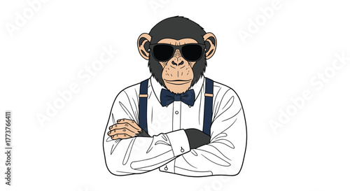 A distinguished chimpanzee wearing a sharp white shirt with suspenders and a bow tie looks cool and confident in his dark sunglasses.