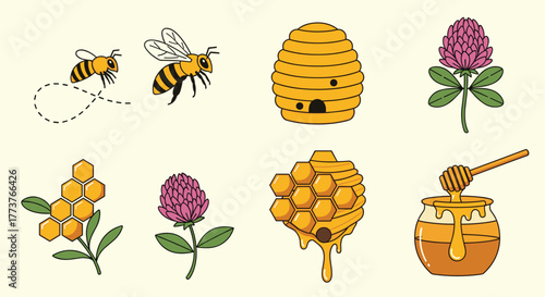 A collection of adorable cartoon bees buzzing around clover flowers and honeycomb structures with a charming beehive and a honey dipper in a jar.