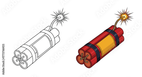 Two simplified isometric illustrations of sticks of dynamite with a lit fuse and an unlit fuse side by side.