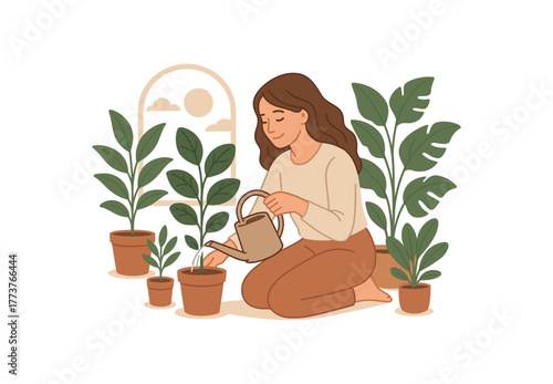 plant watering morning care routine nurturing green life and slow living flat vector illustration style isolated on white background