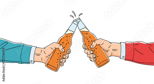 Two hands hold bottles of refreshing fizzy drinks toasting each other with a celebratory clink.