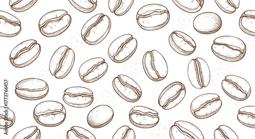 Seamless pattern of coffee beans, hand-drawn brown line art sketch, vertical vector illustration.
