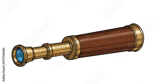 A vintage spyglass with a wooden barrel and brass fittings is depicted in this detailed illustration.