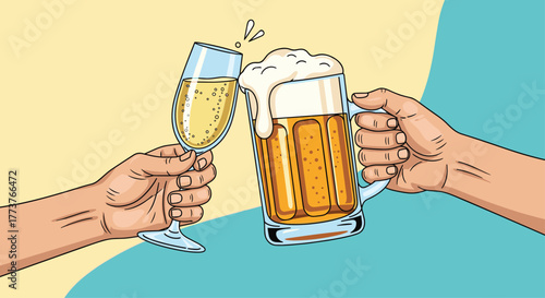 Two hands clinking glasses of champagne and frothy beer in celebration of a happy occasion.