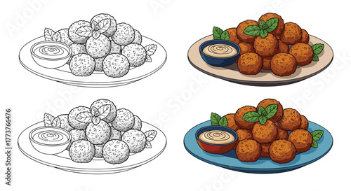 A delectable plate of golden brown falafel balls served with a side of creamy tahini dipping sauce garnished with fresh parsley.