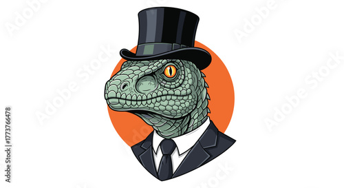 A dapper velociraptor wearing a top hat and suit looking sophisticated and distinguished.