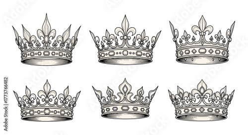 A collection of six intricately designed ornate royal crowns symbolizing power prestige and historical significance.