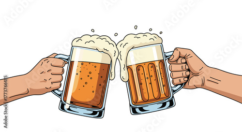 Two frothy mugs of golden beer are clinked together in a celebratory toast.