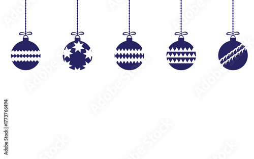 Set of decorative blue Christmas ornament elements hanging in a row
