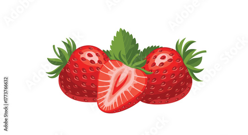 Freshly picked ripe red strawberries with green leaves and one strawberry cut in half revealing its seeds and juicy interior.
