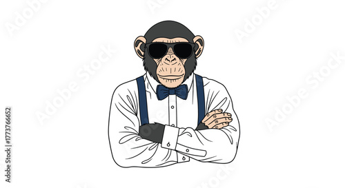 A cool chimpanzee wearing sunglasses and a tuxedo stands with its arms crossed.