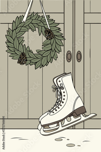 Hand-drawn vector illustration of a pair of fashionable winter boots for hiking and skating, depicting the design of the leather footwear with a lace detail