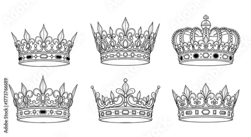 A regal collection of six intricately detailed black and white crown illustrations each unique in its ornate design and symbolic representation of power and authority.