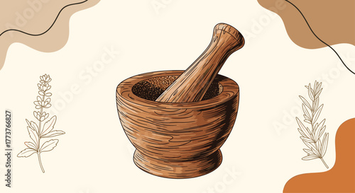 Discover the ancient art of herbalism with this wooden mortar and pestle a fundamental tool for preparing natural remedies and unlocking the power of plants.