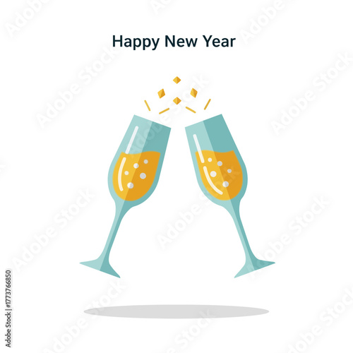 Vibrant illustration of two elegant champagne flutes clinking together in a sparkling toast, celebrating New Year's Eve, anniversaries, or special milestones with effervescent joy and festive cheer