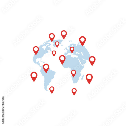 World map with red location pins indicating global presence and connectivity, symbolizing international reach and network, in a clean and modern style.