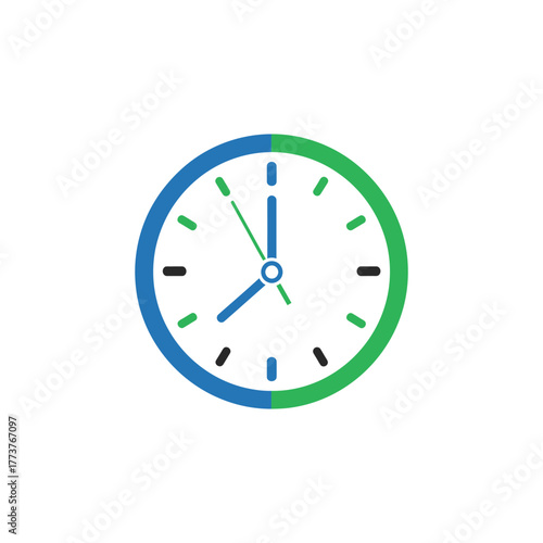 Clock showing eight o'clock with blue and green face representing time management and productivity in modern business environment.