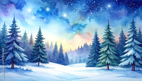 Wallpaper Mural Snowy forest under starry sky watercolor cute illustration Torontodigital.ca