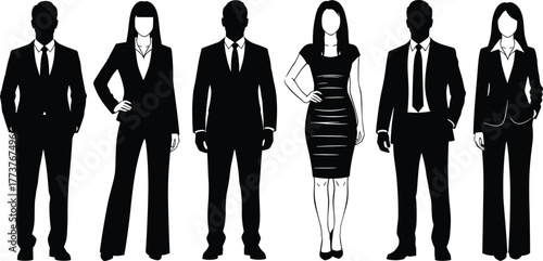 Business silhouettes, professional attire, corporate diversity, formal dress code, workplace team, gender balance, office fashion, career people, standing pose, unity