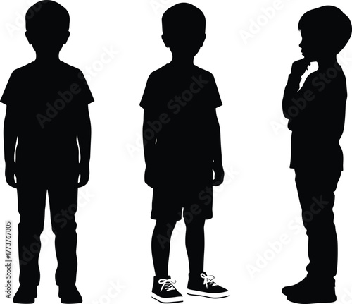 Children silhouette, standing poses, posture study, side profile, body language, artistic reference, kids thinking, black figure, isolated white background, minimal
